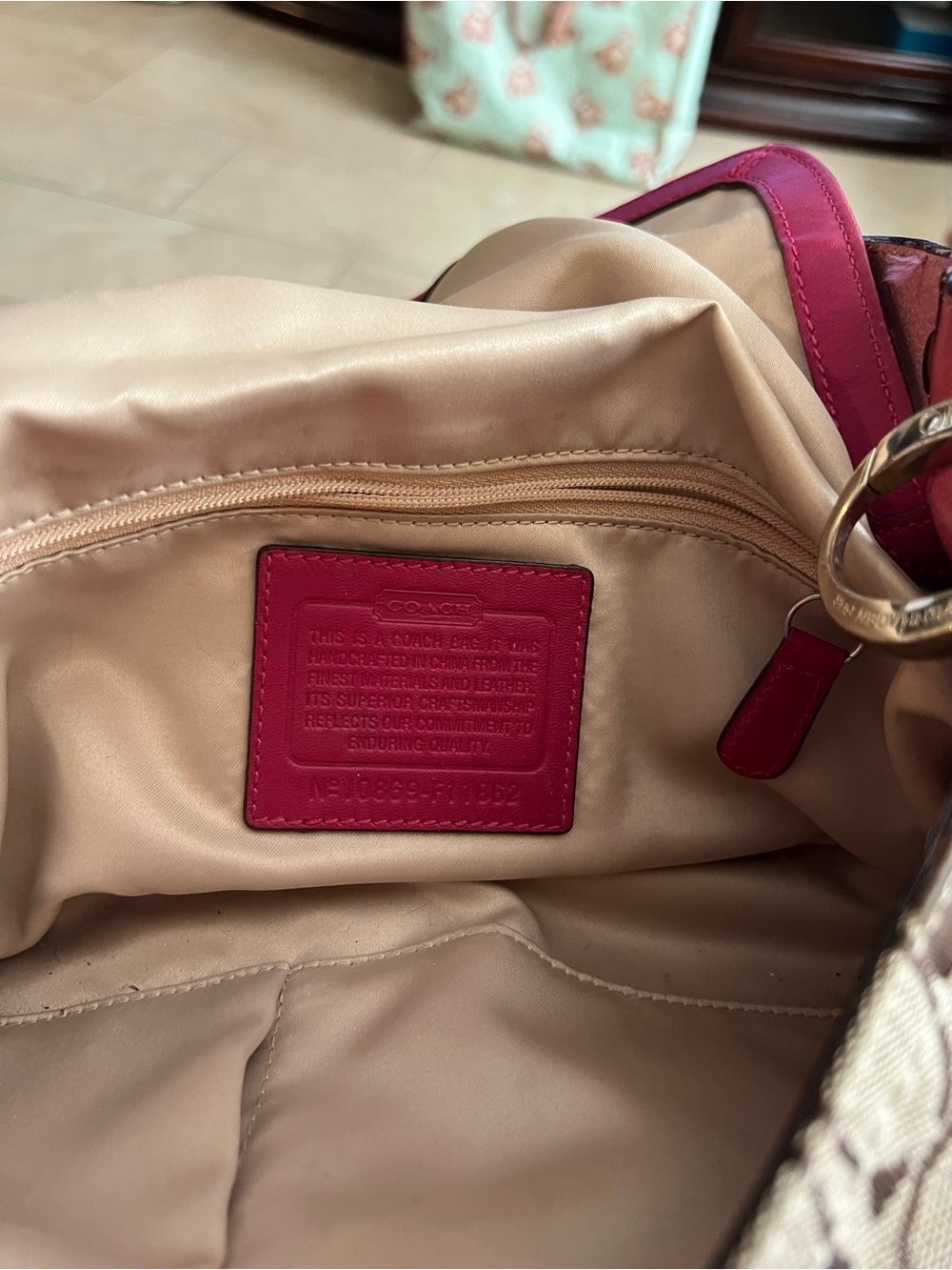 Coach Beige Signature Canvas Tote with Pink Interior Patch - Picture 4 of 8